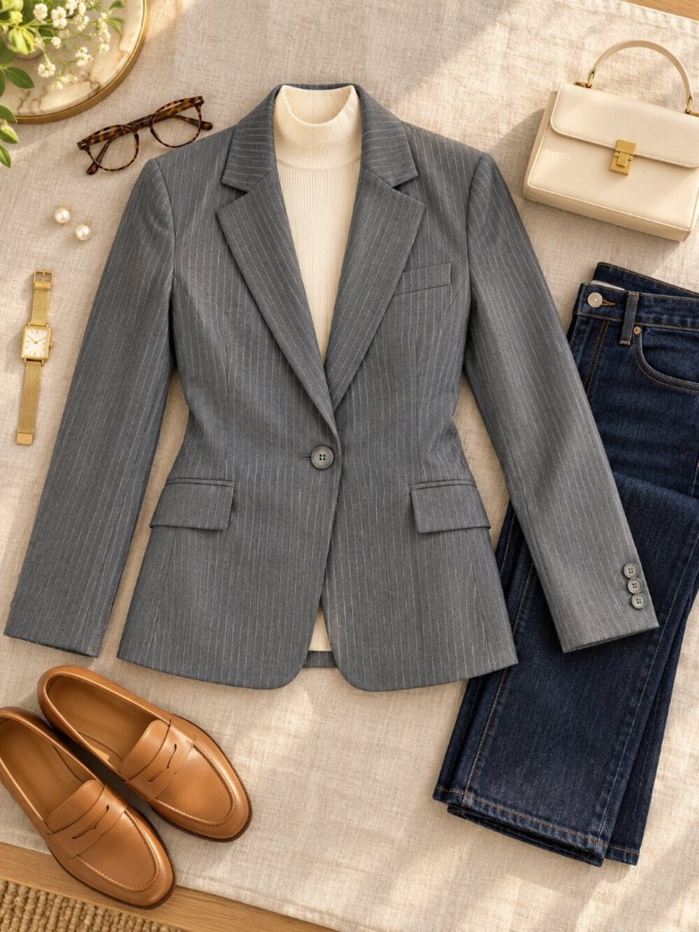 Suzy Shier Gray Pinstripe Single-Button Blazer SZ 9/10